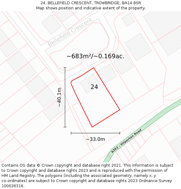 24, BELLEFIELD CRESCENT, TROWBRIDGE, BA14 8SR: Plot and title map