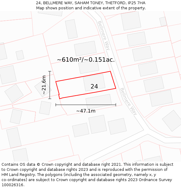 24, BELLMERE WAY, SAHAM TONEY, THETFORD, IP25 7HA: Plot and title map