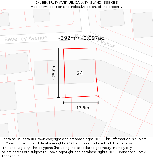 24, BEVERLEY AVENUE, CANVEY ISLAND, SS8 0BS: Plot and title map