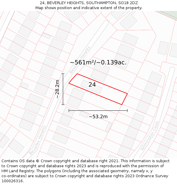 24, BEVERLEY HEIGHTS, SOUTHAMPTON, SO18 2DZ: Plot and title map