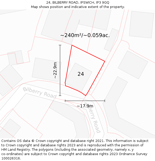24, BILBERRY ROAD, IPSWICH, IP3 9GQ: Plot and title map