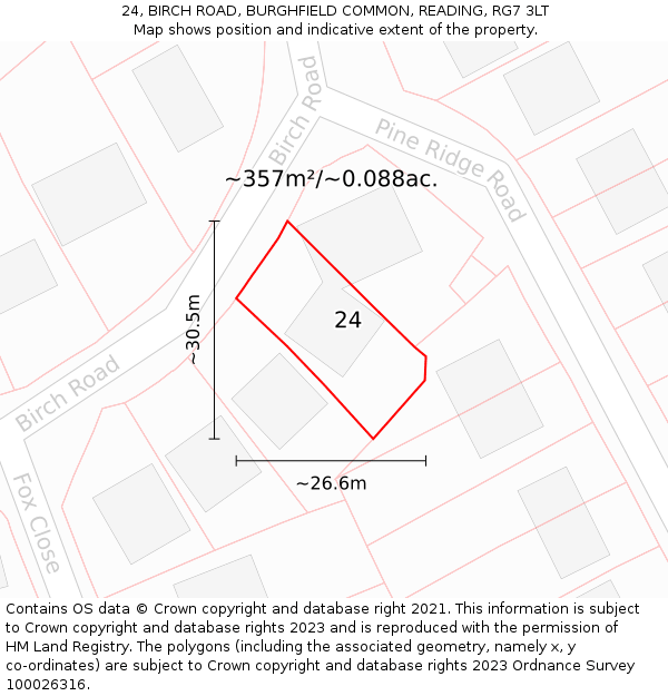 24, BIRCH ROAD, BURGHFIELD COMMON, READING, RG7 3LT: Plot and title map