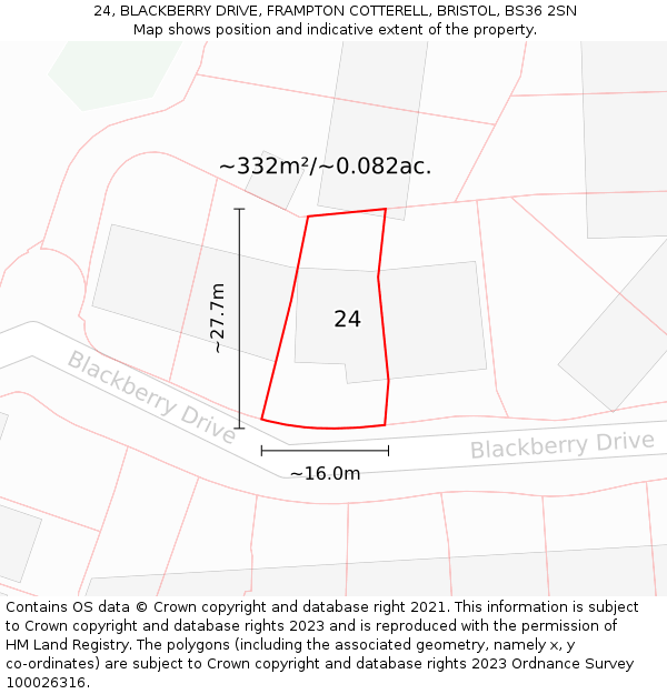 24, BLACKBERRY DRIVE, FRAMPTON COTTERELL, BRISTOL, BS36 2SN: Plot and title map