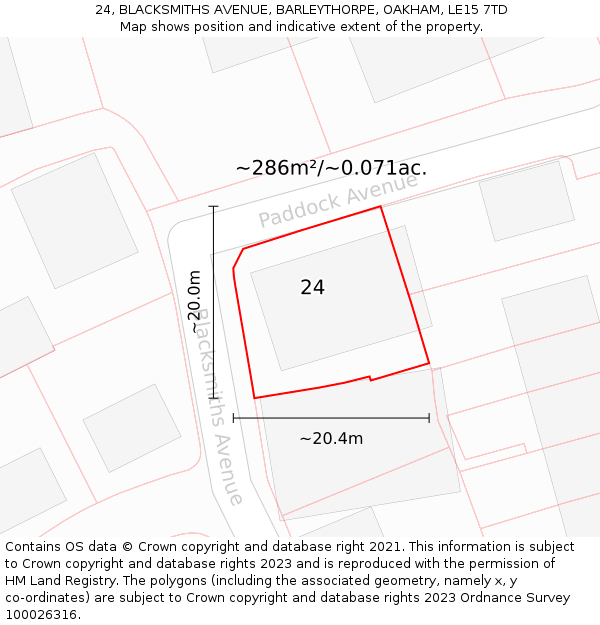 24, BLACKSMITHS AVENUE, BARLEYTHORPE, OAKHAM, LE15 7TD: Plot and title map