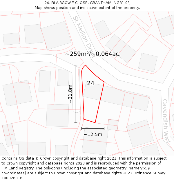 24, BLAIRGOWIE CLOSE, GRANTHAM, NG31 9FJ: Plot and title map