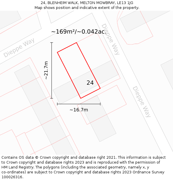 24, BLENHEIM WALK, MELTON MOWBRAY, LE13 1JG: Plot and title map