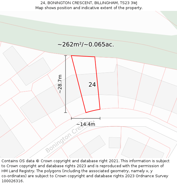 24, BONINGTON CRESCENT, BILLINGHAM, TS23 3WJ: Plot and title map