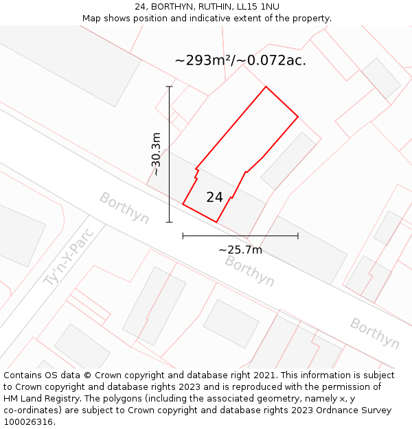 24, BORTHYN, RUTHIN, LL15 1NU: Plot and title map