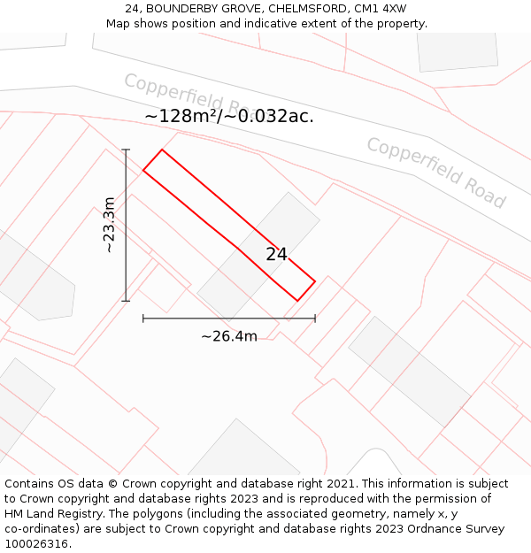 24, BOUNDERBY GROVE, CHELMSFORD, CM1 4XW: Plot and title map