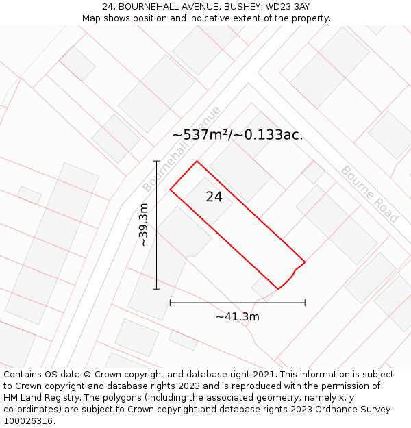 24, BOURNEHALL AVENUE, BUSHEY, WD23 3AY: Plot and title map