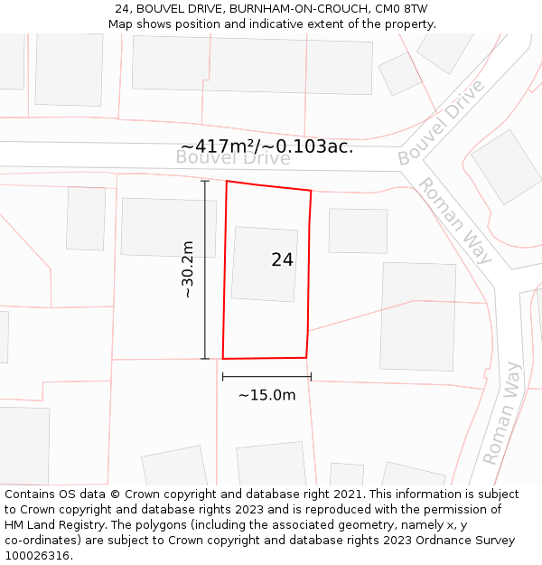 24, BOUVEL DRIVE, BURNHAM-ON-CROUCH, CM0 8TW: Plot and title map