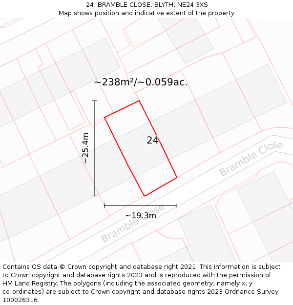 24, BRAMBLE CLOSE, BLYTH, NE24 3XS: Plot and title map