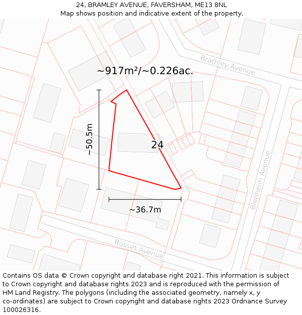 24, BRAMLEY AVENUE, FAVERSHAM, ME13 8NL: Plot and title map