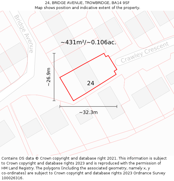 24, BRIDGE AVENUE, TROWBRIDGE, BA14 9SF: Plot and title map