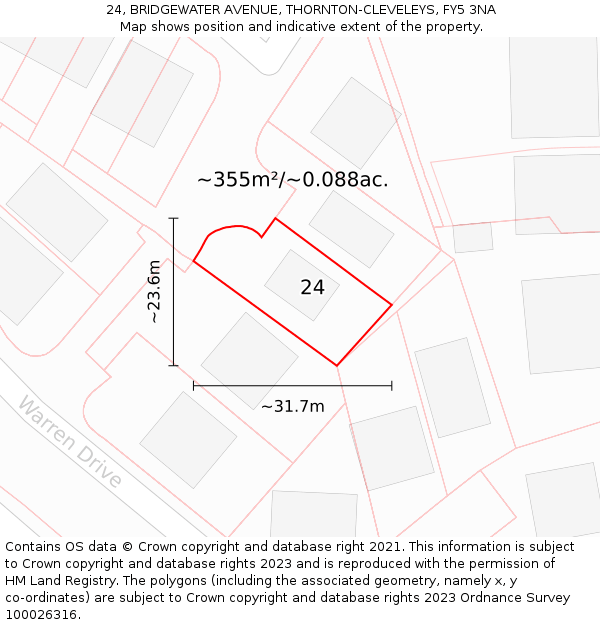 24, BRIDGEWATER AVENUE, THORNTON-CLEVELEYS, FY5 3NA: Plot and title map