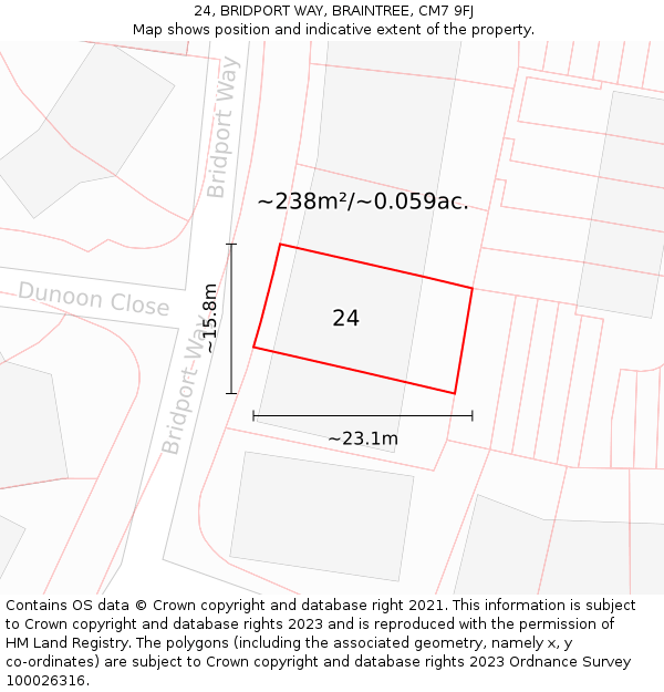 24, BRIDPORT WAY, BRAINTREE, CM7 9FJ: Plot and title map