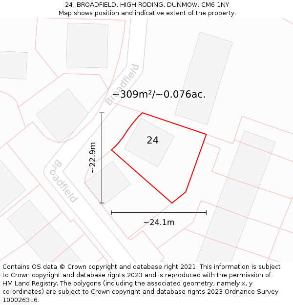 24, BROADFIELD, HIGH RODING, DUNMOW, CM6 1NY: Plot and title map