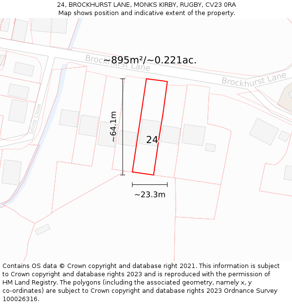 24, BROCKHURST LANE, MONKS KIRBY, RUGBY, CV23 0RA: Plot and title map