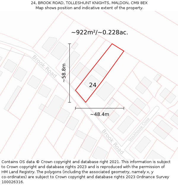 24, BROOK ROAD, TOLLESHUNT KNIGHTS, MALDON, CM9 8EX: Plot and title map