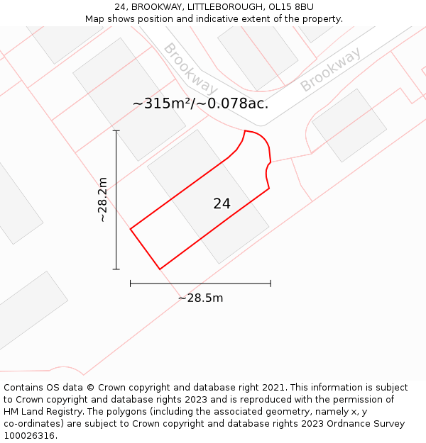 24, BROOKWAY, LITTLEBOROUGH, OL15 8BU: Plot and title map