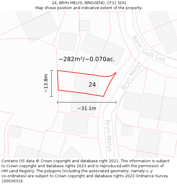 24, BRYN MELYS, BRIDGEND, CF31 5DN: Plot and title map