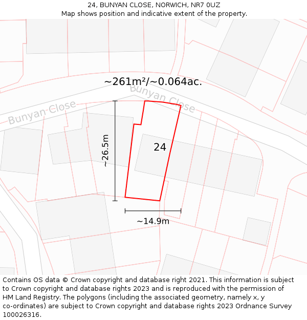 24, BUNYAN CLOSE, NORWICH, NR7 0UZ: Plot and title map