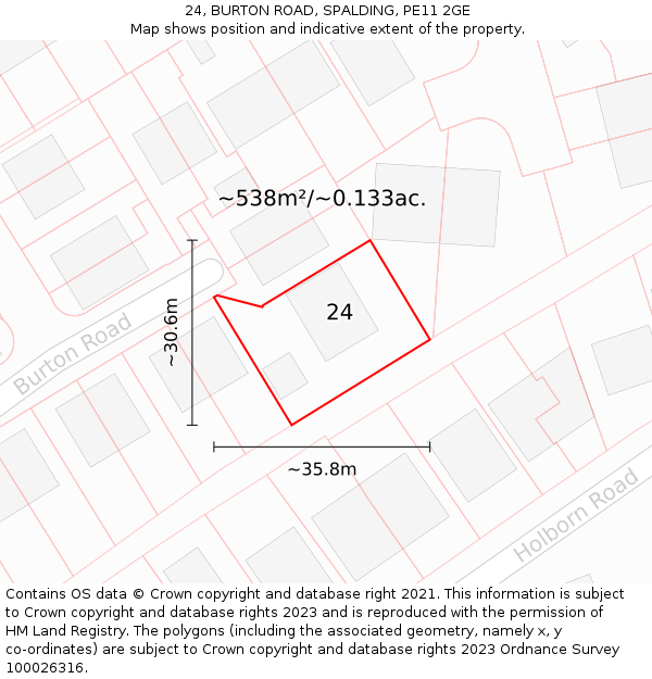 24, BURTON ROAD, SPALDING, PE11 2GE: Plot and title map