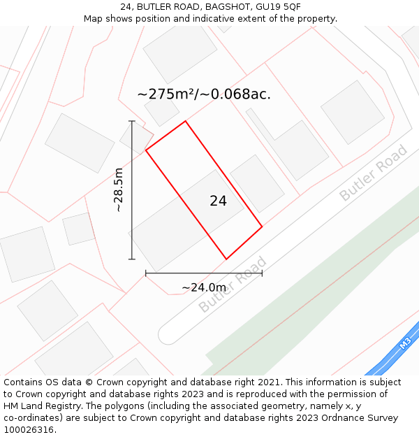 24, BUTLER ROAD, BAGSHOT, GU19 5QF: Plot and title map