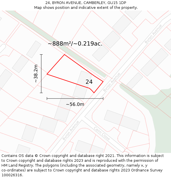 24, BYRON AVENUE, CAMBERLEY, GU15 1DP: Plot and title map