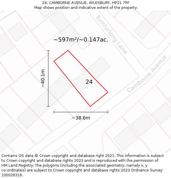 24, CAMBORNE AVENUE, AYLESBURY, HP21 7PF: Plot and title map