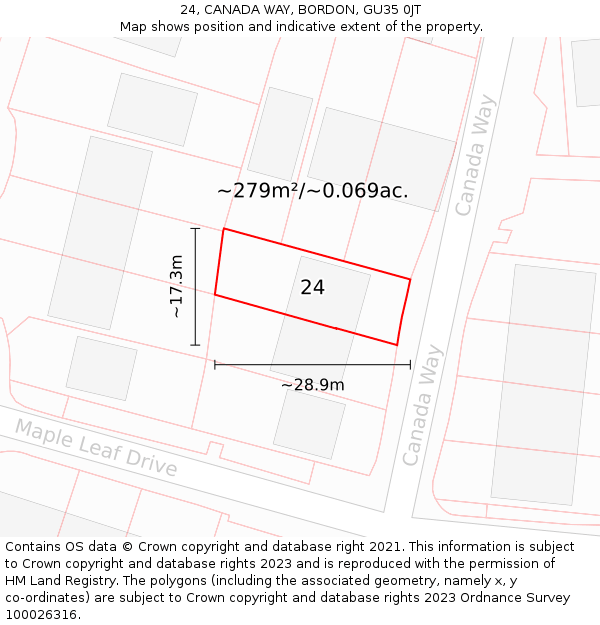 24, CANADA WAY, BORDON, GU35 0JT: Plot and title map