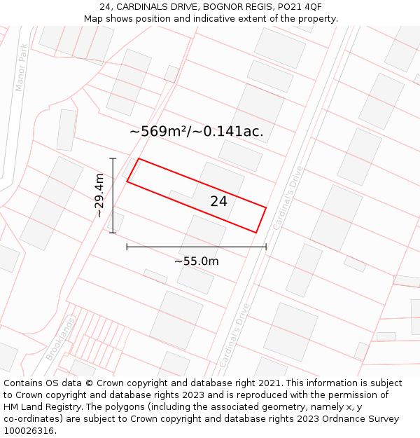 24, CARDINALS DRIVE, BOGNOR REGIS, PO21 4QF: Plot and title map