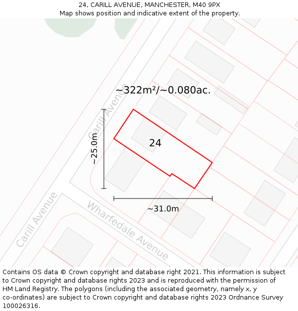 24, CARILL AVENUE, MANCHESTER, M40 9PX: Plot and title map