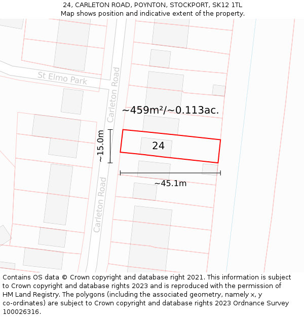 24, CARLETON ROAD, POYNTON, STOCKPORT, SK12 1TL: Plot and title map