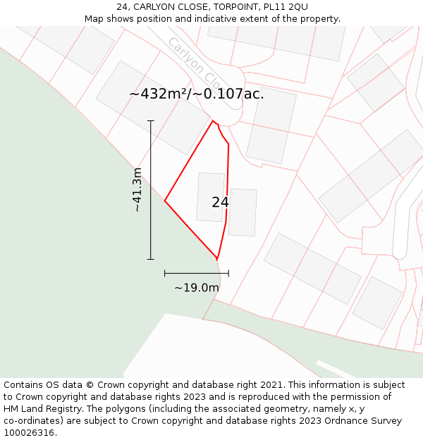 24, CARLYON CLOSE, TORPOINT, PL11 2QU: Plot and title map