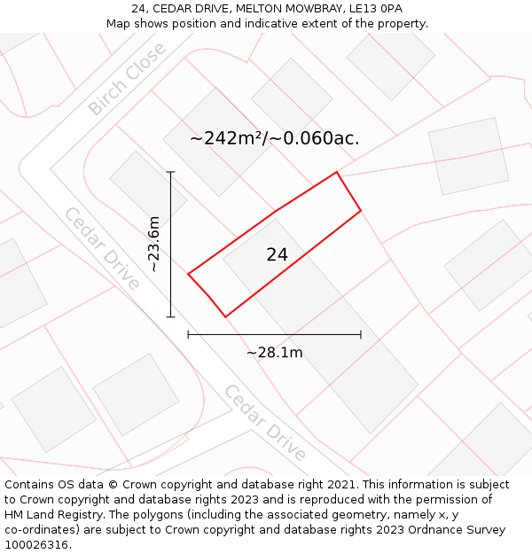 24, CEDAR DRIVE, MELTON MOWBRAY, LE13 0PA: Plot and title map