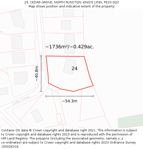 24, CEDAR GROVE, NORTH RUNCTON, KING'S LYNN, PE33 0QZ: Plot and title map