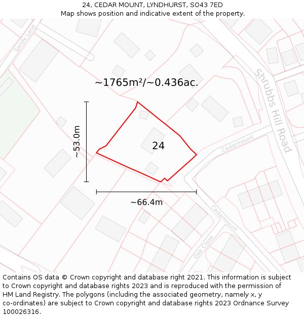 24, CEDAR MOUNT, LYNDHURST, SO43 7ED: Plot and title map