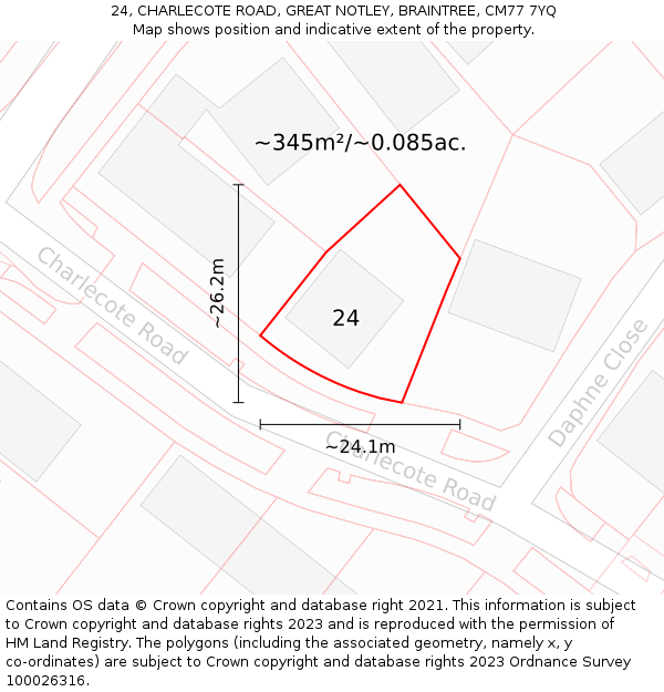 24, CHARLECOTE ROAD, GREAT NOTLEY, BRAINTREE, CM77 7YQ: Plot and title map