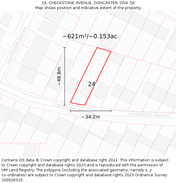 24, CHECKSTONE AVENUE, DONCASTER, DN4 7JX: Plot and title map