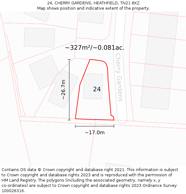 24, CHERRY GARDENS, HEATHFIELD, TN21 8XZ: Plot and title map