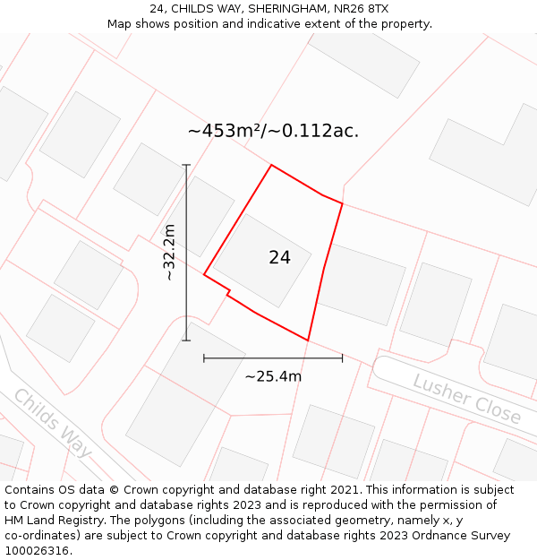 24, CHILDS WAY, SHERINGHAM, NR26 8TX: Plot and title map