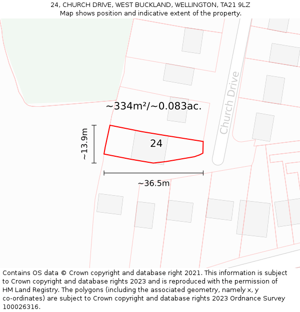 24, CHURCH DRIVE, WEST BUCKLAND, WELLINGTON, TA21 9LZ: Plot and title map