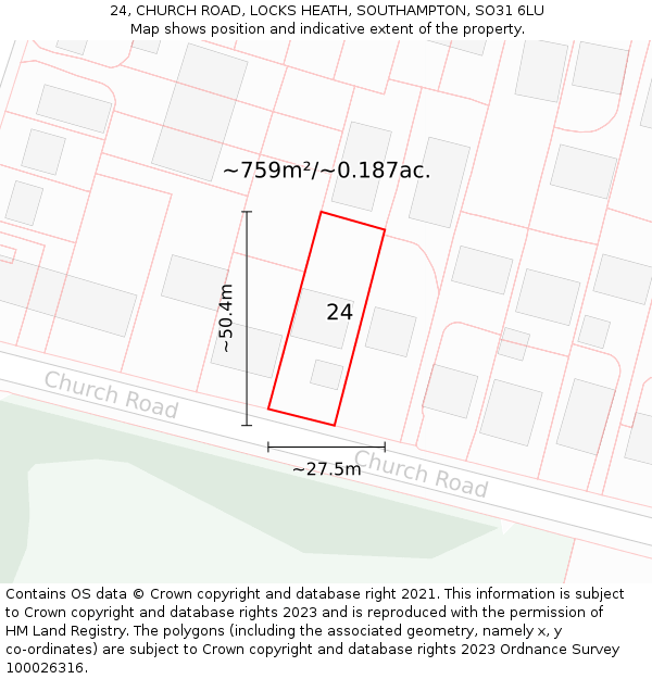 24, CHURCH ROAD, LOCKS HEATH, SOUTHAMPTON, SO31 6LU: Plot and title map