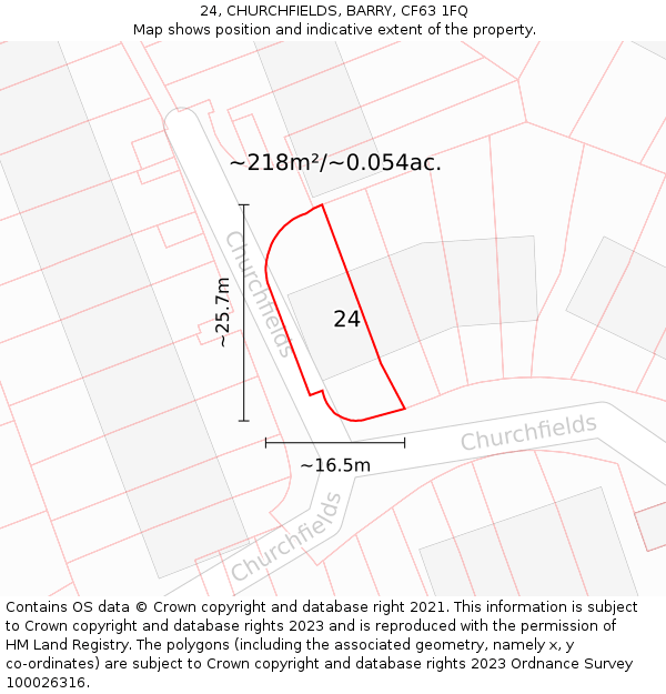 24, CHURCHFIELDS, BARRY, CF63 1FQ: Plot and title map