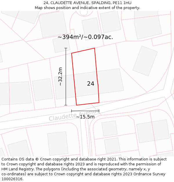 24, CLAUDETTE AVENUE, SPALDING, PE11 1HU: Plot and title map