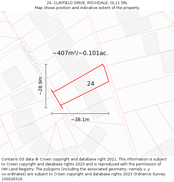 24, CLAYFIELD DRIVE, ROCHDALE, OL11 5RL: Plot and title map