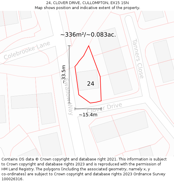 24, CLOVER DRIVE, CULLOMPTON, EX15 1SN: Plot and title map