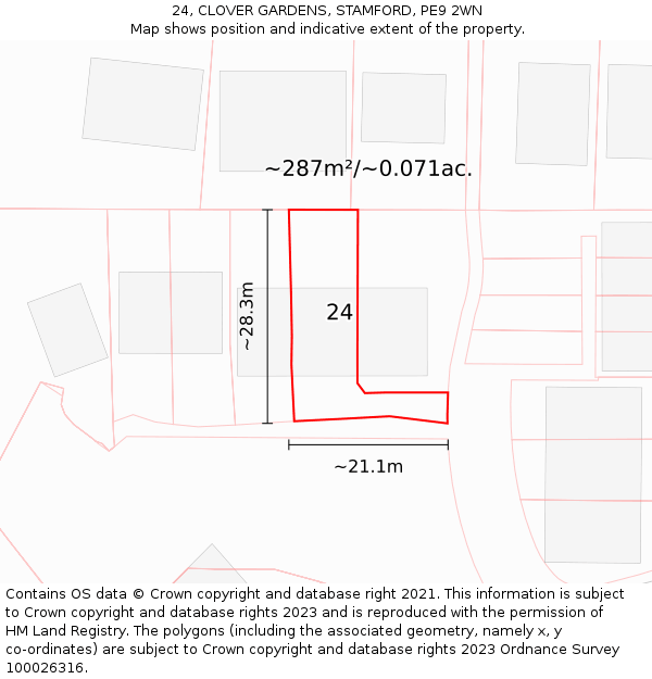 24, CLOVER GARDENS, STAMFORD, PE9 2WN: Plot and title map