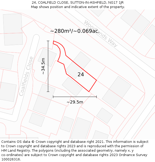 24, COALFIELD CLOSE, SUTTON-IN-ASHFIELD, NG17 1JR: Plot and title map